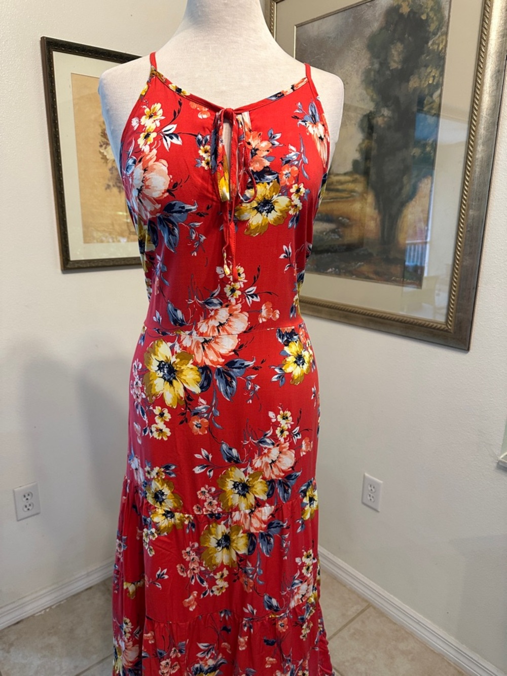 Band of Gypsies Red Floral Boho Maxi Dress w/Adjustable Straps Size Large - Picture 5 of 16